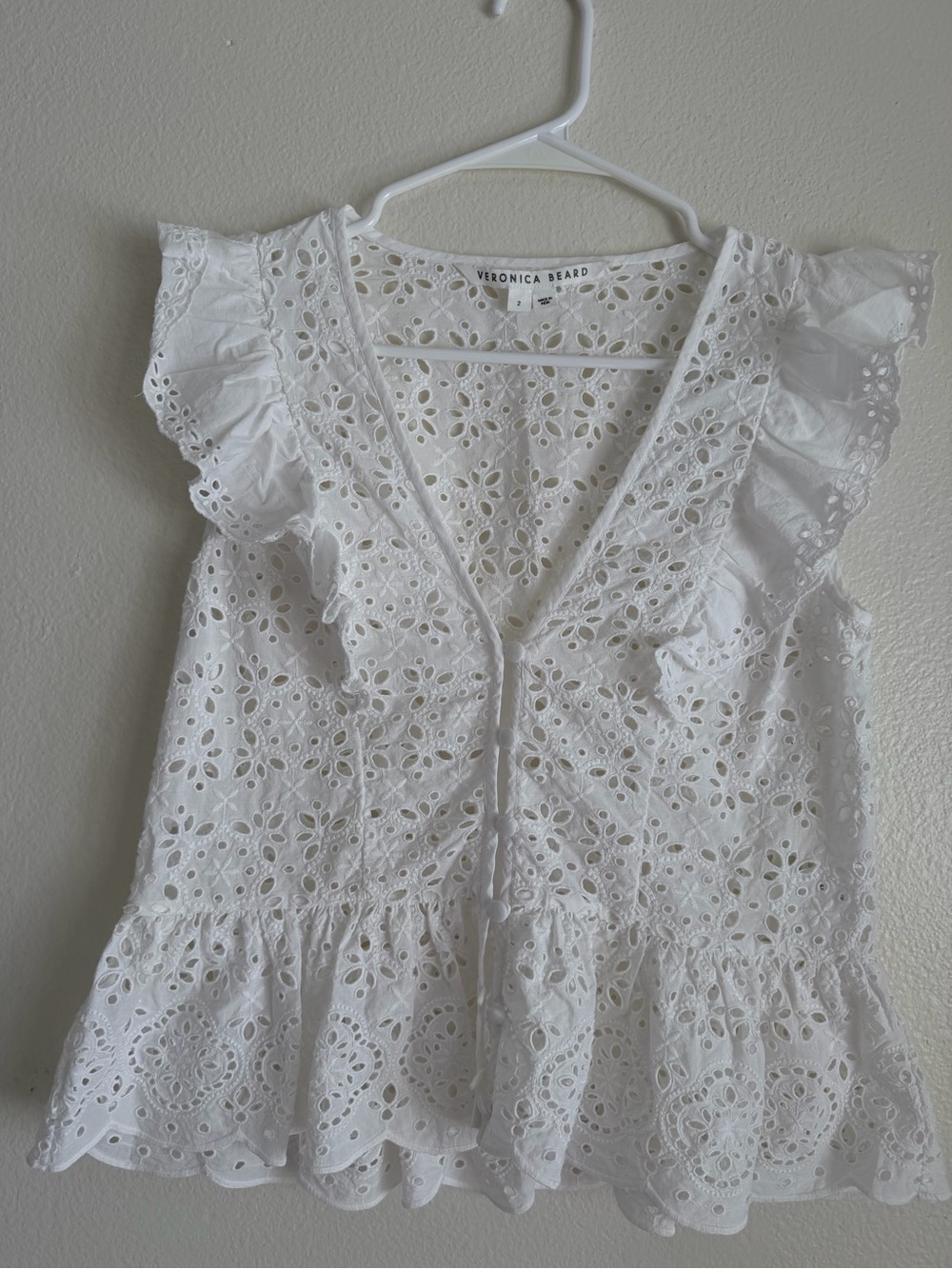Veronica Beard White Broderie Anglaise Ruffle Peplum Top